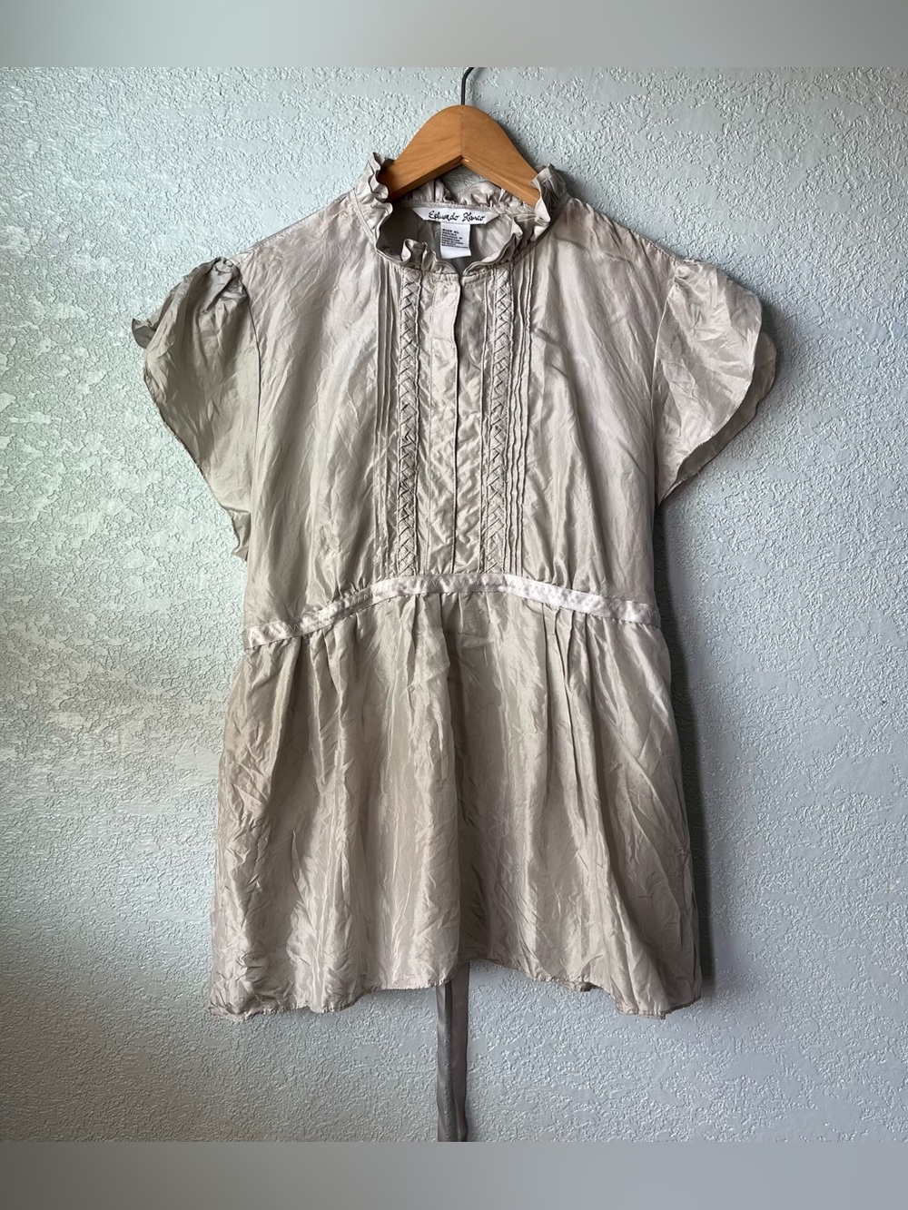 Eduardo Blanco 100% Silk Blouse XL Champagne Ruffle Pintuck Tie Waist Y2K